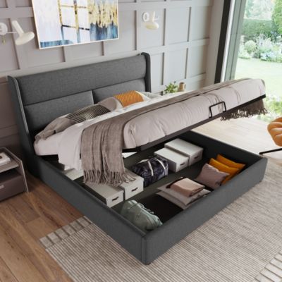 Lit Coffre 180 x 200 Cm - Lit Double avec Tête de Lit Réglable - Bois Massif, Lin, Métal - Sans Matelas - Gris