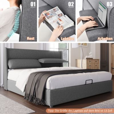 Lit Coffre 180 x 200 Cm - Lit Double avec Tête de Lit Réglable - Bois Massif, Lin, Métal - Sans Matelas - Gris