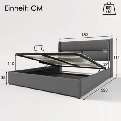 Lit Coffre 180 x 200 Cm - Lit Double avec Tête de Lit Réglable - Bois Massif, Lin, Métal - Sans Matelas - Gris