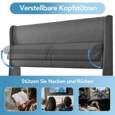 Lit Coffre 180 x 200 Cm - Lit Double avec Tête de Lit Réglable - Bois Massif, Lin, Métal - Sans Matelas - Gris