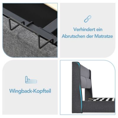 Lit Coffre 180 x 200 Cm - Lit Double avec Tête de Lit Réglable - Bois Massif, Lin, Métal - Sans Matelas - Gris