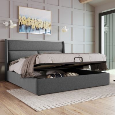 Lit Coffre 180 x 200 Cm - Lit Double avec Tête de Lit Réglable - Bois Massif, Lin, Métal - Sans Matelas - Gris