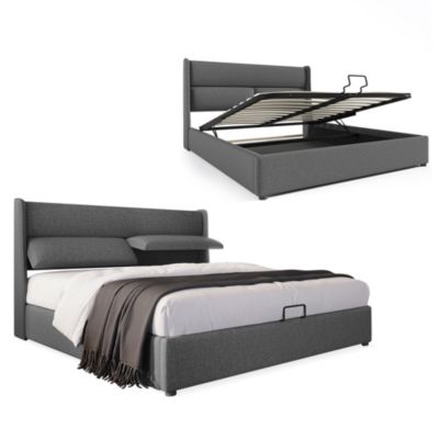 Lit Coffre 180 x 200 Cm - Lit Double avec Tête de Lit Réglable - Bois Massif, Lin, Métal - Sans Matelas - Gris