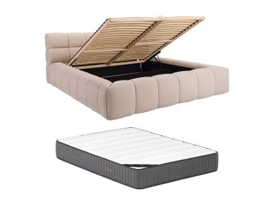 Lit coffre 180 x 200 cm - Tissu - Beige + Matelas - FORVIK II