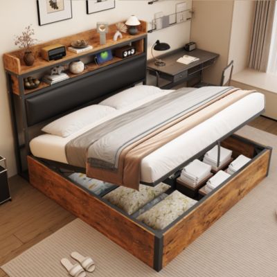 Lit coffre 180x200 cm en métal et bois noir avec tête de lit et USB