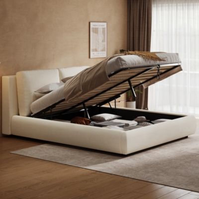 Lit Coffre 180x200 cm, Lit Coffre Double avec Rangement Intégré et Revêtement Bouclé Rembourré, Sans Matelas - Beige