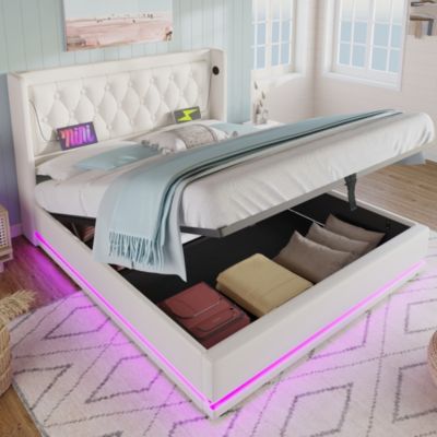 Lit coffre 180x200 cm - Lit coffre hydraulique avec USB Type-C et LED - PU - Sans Matelas - Blanc