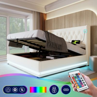 Lit coffre 180x200 cm - Lit coffre hydraulique avec USB Type-C et LED - PU - Sans Matelas - Blanc