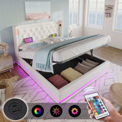 Lit coffre 180x200 cm - Lit coffre hydraulique avec USB Type-C et LED - PU - Sans Matelas - Blanc