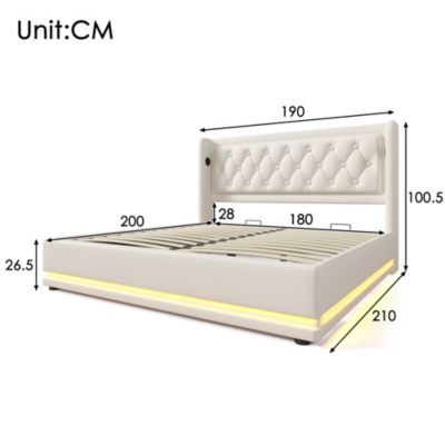 Lit coffre 180x200 cm - Lit coffre hydraulique avec USB Type-C et LED - PU - Sans Matelas - Blanc