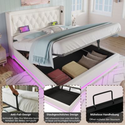 Lit coffre 180x200 cm - Lit coffre hydraulique avec USB Type-C et LED - PU - Sans Matelas - Blanc