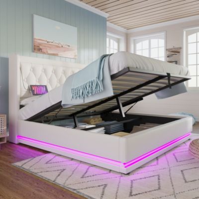Lit coffre 180x200 cm - Lit coffre hydraulique avec USB Type-C et LED - PU - Sans Matelas - Blanc