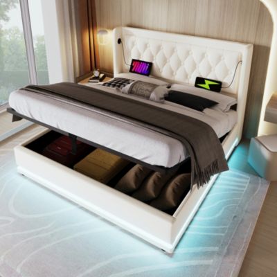 Lit coffre 180x200 cm - Lit coffre hydraulique avec USB Type-C et LED - PU - Sans Matelas - Blanc