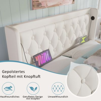 Lit coffre 180x200 cm - Lit coffre hydraulique avec USB Type-C et LED - PU - Sans Matelas - Blanc