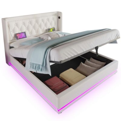 Lit coffre 180x200 cm - Lit coffre hydraulique avec USB Type-C et LED - PU - Sans Matelas - Blanc