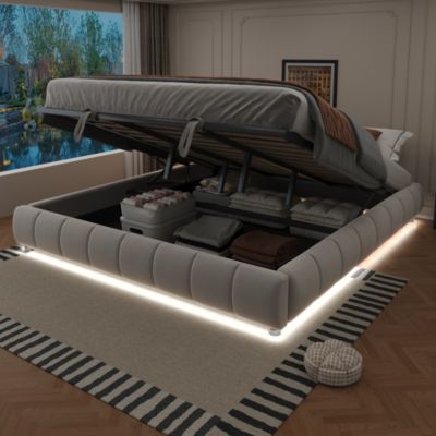 Lit Coffre 180x200 cm - Lit Double avec Rangement et Éclairage LED, Sans Matelas, Velours Beige