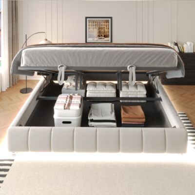 Lit Coffre 180x200 cm - Lit Double avec Rangement et Éclairage LED, Sans Matelas, Velours Beige