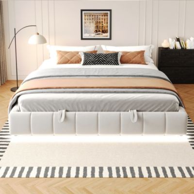 Lit Coffre 180x200 cm - Lit Double avec Rangement et Éclairage LED, Sans Matelas, Velours Beige
