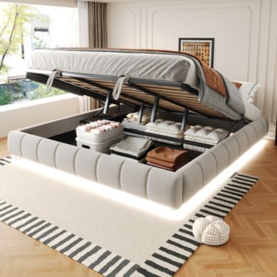Lit Coffre 180x200 cm - Lit Double avec Rangement et Éclairage LED, Sans Matelas, Velours Beige