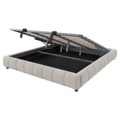 Lit Coffre 180x200 cm - Lit Double avec Rangement et Éclairage LED, Sans Matelas, Velours Beige
