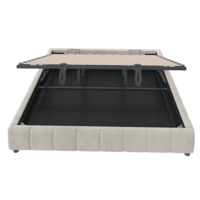 Lit Coffre 180x200 cm - Lit Double avec Rangement et Éclairage LED, Sans Matelas, Velours Beige