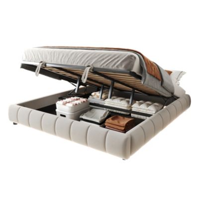 Lit Coffre 180x200 cm - Lit Double avec Rangement et Éclairage LED, Sans Matelas, Velours Beige