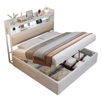Lit Coffre 180x200 LED USB-C, Tête Réglable, Sommier Lattes, Velours Côtelé, Beige (Sans Matelas) | Leroy Merlin