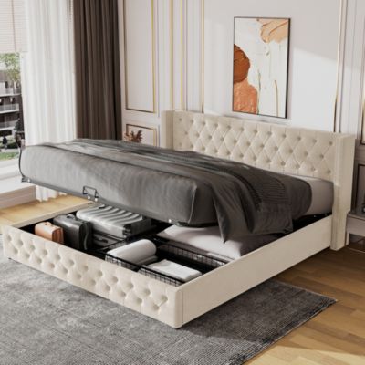 Lit Coffre 180x200 cm - Lit Double avec Rangement Sous Le Sommier, Revêtement Velours, Sans Matelas - Beige