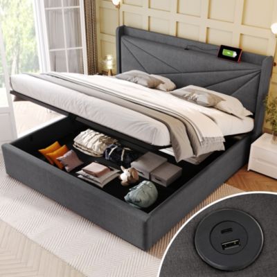 Lit Coffre 180x200 Cm - Lit Double avec Sommier à Lattes - Coton Bois Métal - Sans Matelas - Gris