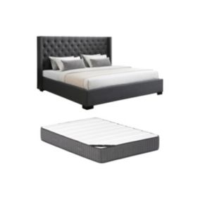 Lit coffre 200 x 200 cm avec tête de lit capitonnée - Tissu - Gris + Matelas - MASSIMO