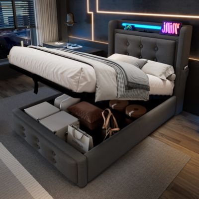 Lit Coffre 90 x 200 Cm - Lit Simple avec Tête de Lit LED et Charge USB C - Bois, Coton, Métal - Sans Matelas - Gris