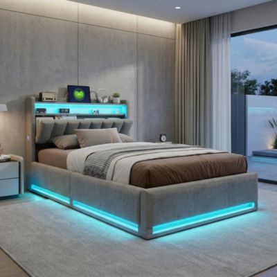 Lit Coffre 90x200 cm avec éclairage LED et Charge USB, Lit Rembourré avec Rangement, Sommier à Lattes, Velours, Gris