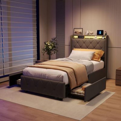 Lit Coffre 90x200 cm avec éclairage LED et Charge USB, Lit simple Rembourré avec 2 tiroirs, Sommier à Lattes, Velours, Gris
