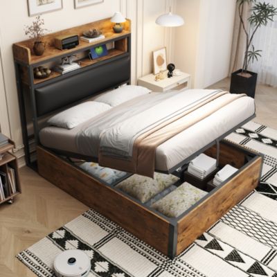 Lit coffre 90x200 cm en métal et bois noir avec tête de lit et ports USB