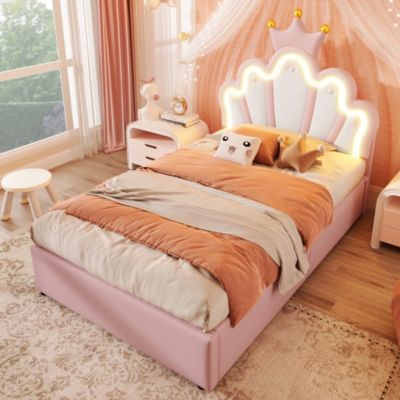 Lit coffre 90x200 cm en PU rose avec LED et tête de lit réglable