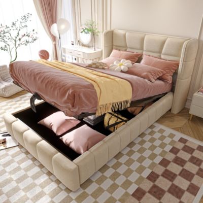 Lit coffre 90x200 cm en tissu beige avec sommier à lattes et tête de lit