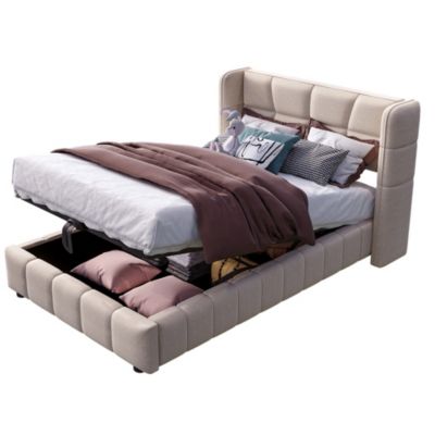 Lit coffre 90x200 cm en tissu beige avec sommier à lattes et tête de lit