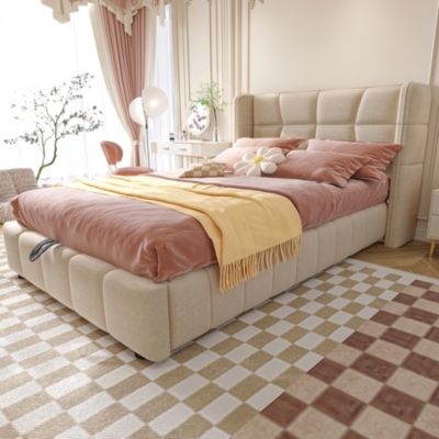 Lit coffre 90x200 cm en tissu beige avec sommier à lattes et tête de lit