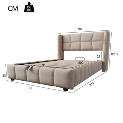 Lit coffre 90x200 cm en tissu beige avec sommier à lattes et tête de lit