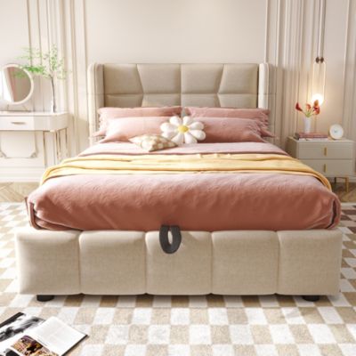 Lit coffre 90x200 cm en tissu beige avec sommier à lattes et tête de lit