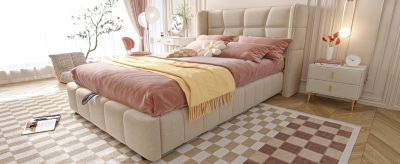 Lit coffre 90x200 cm en tissu beige avec sommier à lattes et tête de lit