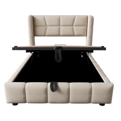 Lit coffre 90x200 cm en tissu beige avec sommier à lattes et tête de lit