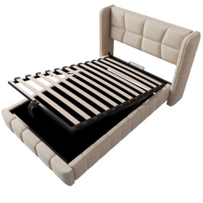 Lit coffre 90x200 cm en tissu beige avec sommier à lattes et tête de lit