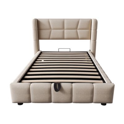 Lit coffre 90x200 cm en tissu beige avec sommier à lattes et tête de lit