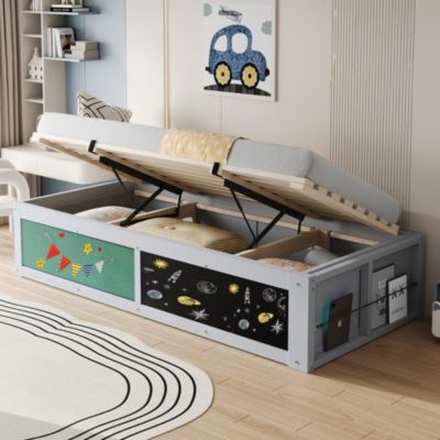 Lit Coffre 90x200 cm - Lit Enfant avec Rangement Sous le Lit, Tableau Noir et Panneau Feutré - Sans Matelas - MDF - Gris