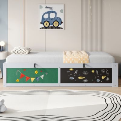 Lit Coffre 90x200 cm - Lit Enfant avec Rangement Sous le Lit, Tableau Noir et Panneau Feutré - Sans Matelas - MDF - Gris