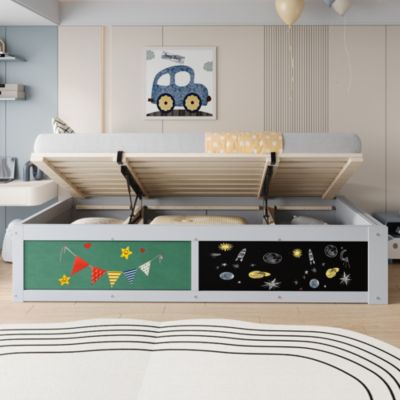 Lit Coffre 90x200 cm - Lit Enfant avec Rangement Sous le Lit, Tableau Noir et Panneau Feutré - Sans Matelas - MDF - Gris