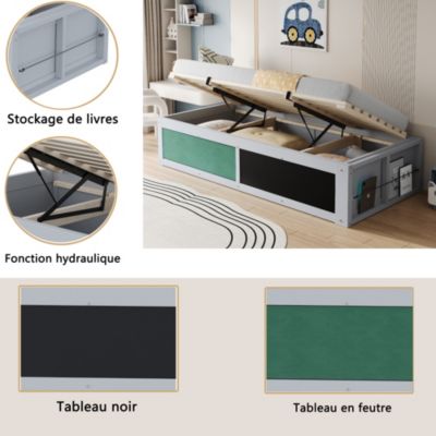 Lit Coffre 90x200 cm - Lit Enfant avec Rangement Sous le Lit, Tableau Noir et Panneau Feutré - Sans Matelas - MDF - Gris