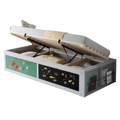 Lit Coffre 90x200 cm - Lit Enfant avec Rangement Sous le Lit, Tableau Noir et Panneau Feutré - Sans Matelas - MDF - Gris