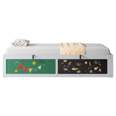 Lit Coffre 90x200 cm - Lit Enfant avec Rangement Sous le Lit, Tableau Noir et Panneau Feutré - Sans Matelas - MDF - Gris